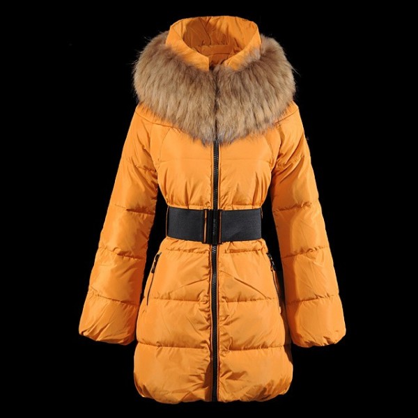 Moncler Arancione Lungo Donna cappotti con cintura e collo di pelliccia